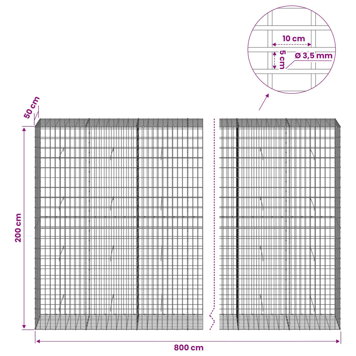 vidaXL Gabion with 3.5 mm Wire and 5x10 cm Mesh 800x50x200 cm 6