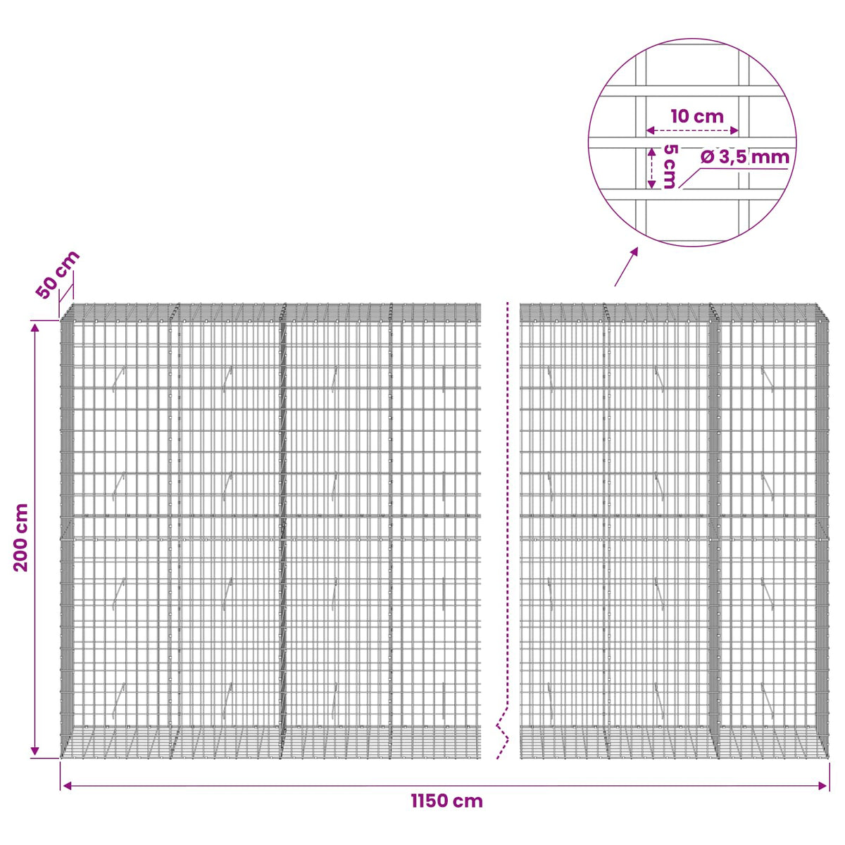 vidaXL Gabion with 3.5 mm Wire and 5x10 cm Mesh 1150x50x200 cm 6