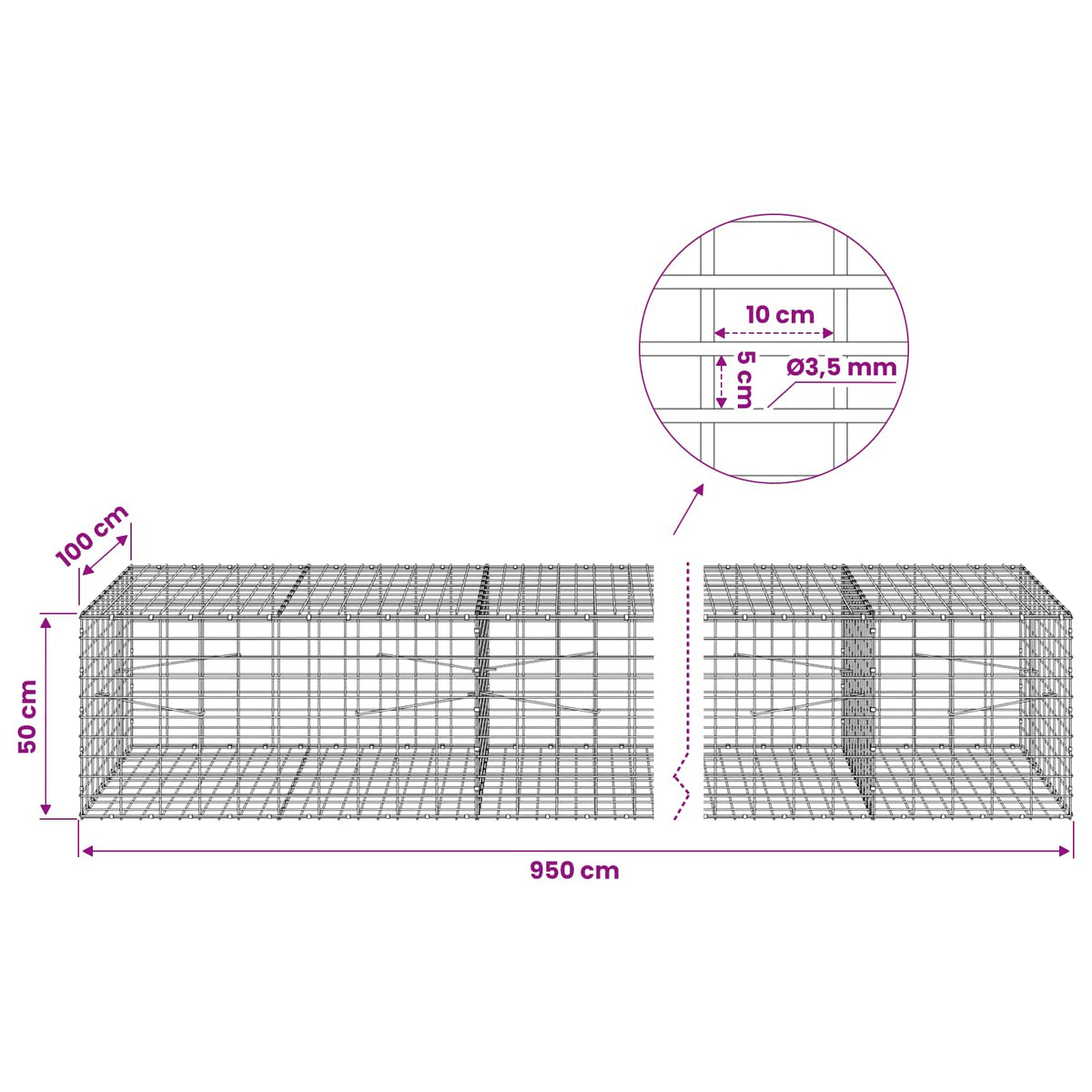 vidaXL Gabion with 3.5 mm Wire and 5x10 cm Mesh 950x100x50 cm 6