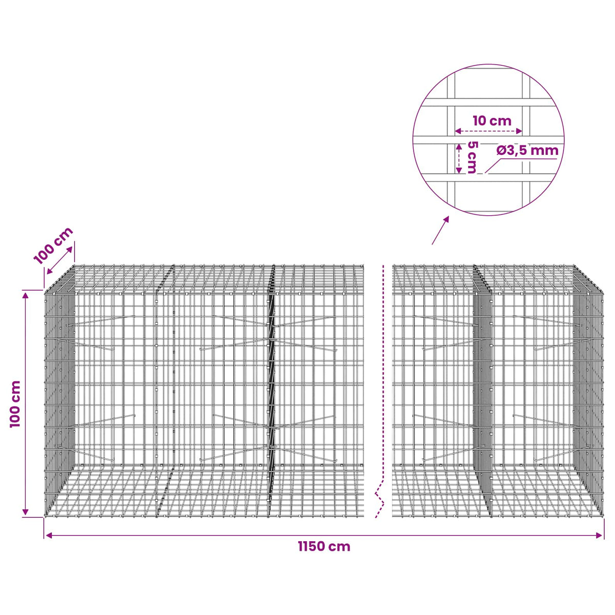 vidaXL Gabion with 3.5 mm Wire and 5x10 cm Mesh 1150x100x100 cm 6