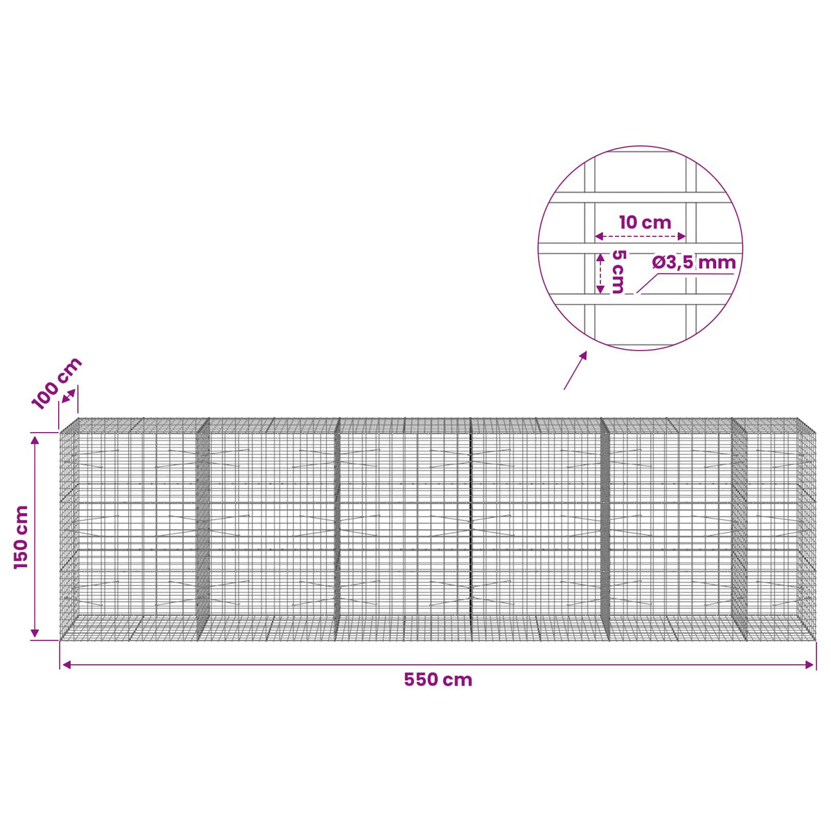 vidaXL Gabion with 3.5 mm Wire and 5x10 cm Mesh 550x100x150 cm 6