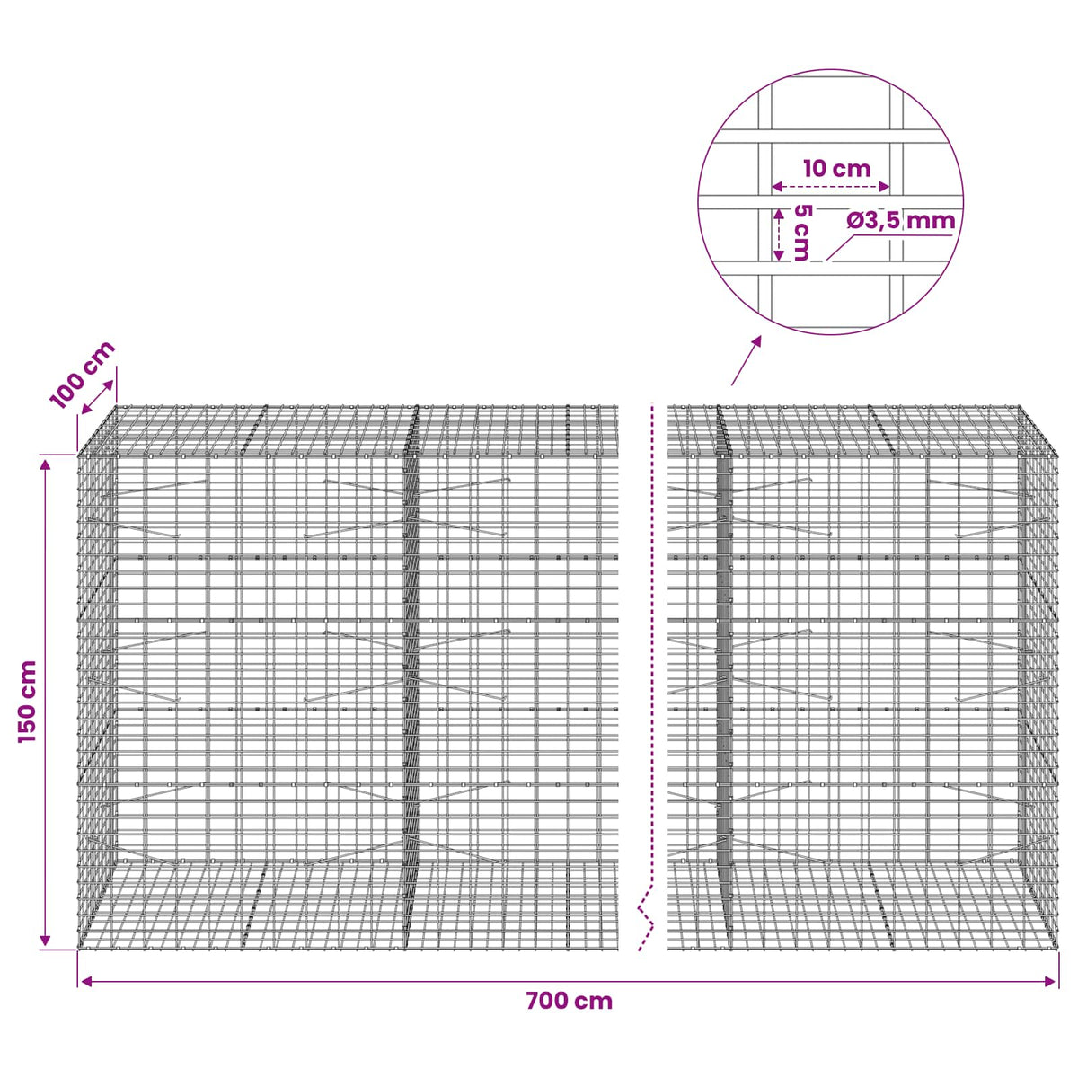 vidaXL Gabion with 3.5 mm Wire and 5x10 cm Mesh 700x100x150 cm 6