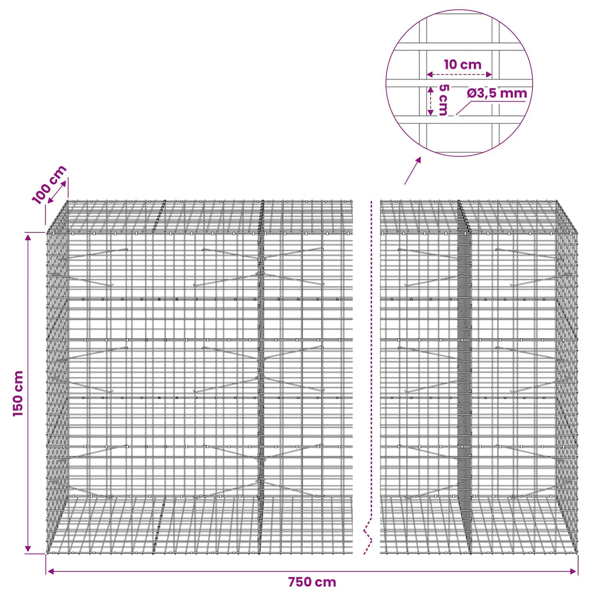 vidaXL Gabion with 3.5 mm Wire and 5x10 cm Mesh 750x100x150 cm 6
