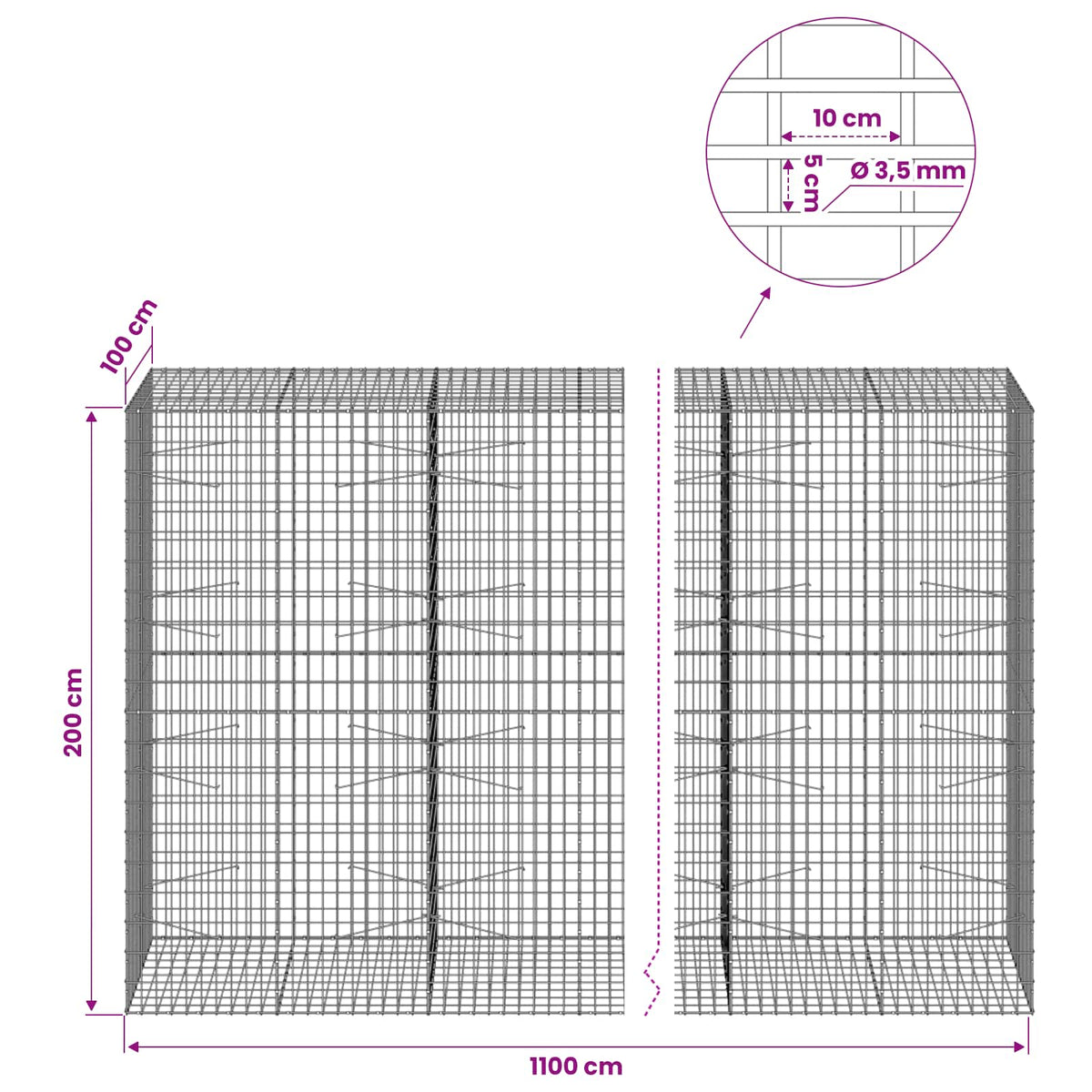 vidaXL Gabion with 3.5 mm Wire and 5x10 cm Mesh 1100x100x200 cm 6