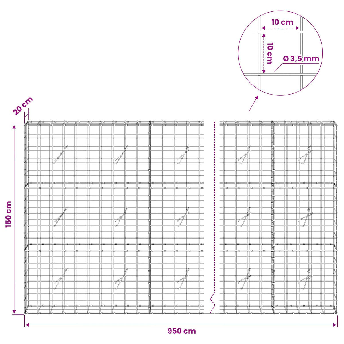 vidaXL Gabion with 3.5 mm Wire and 10x10 cm Mesh 950x20x150 cm 6