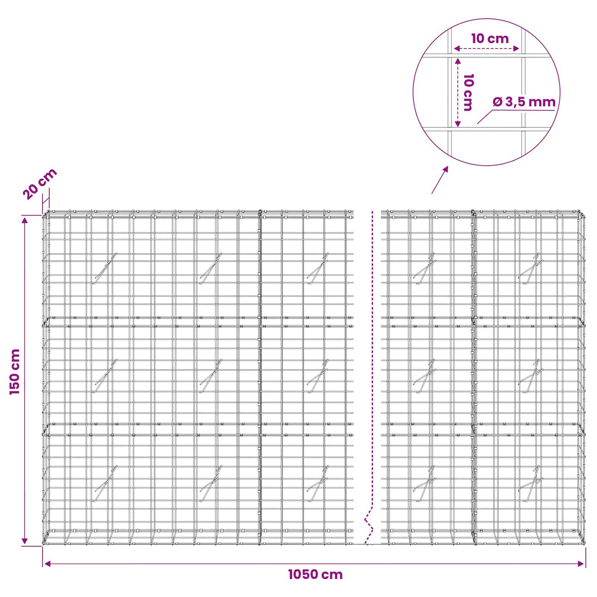 vidaXL Gabion with 3.5 mm Wire and 10x10 cm Mesh 1050x20x150 cm 6
