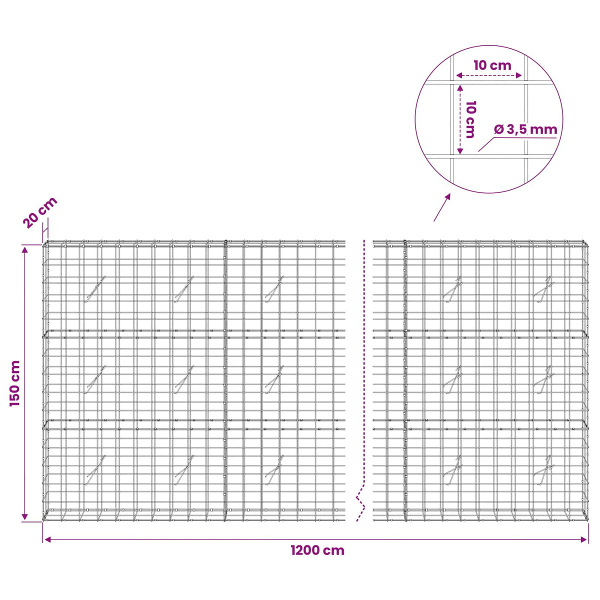 vidaXL Gabion with 3.5 mm Wire and 10x10 cm Mesh 1200x20x150 cm 6