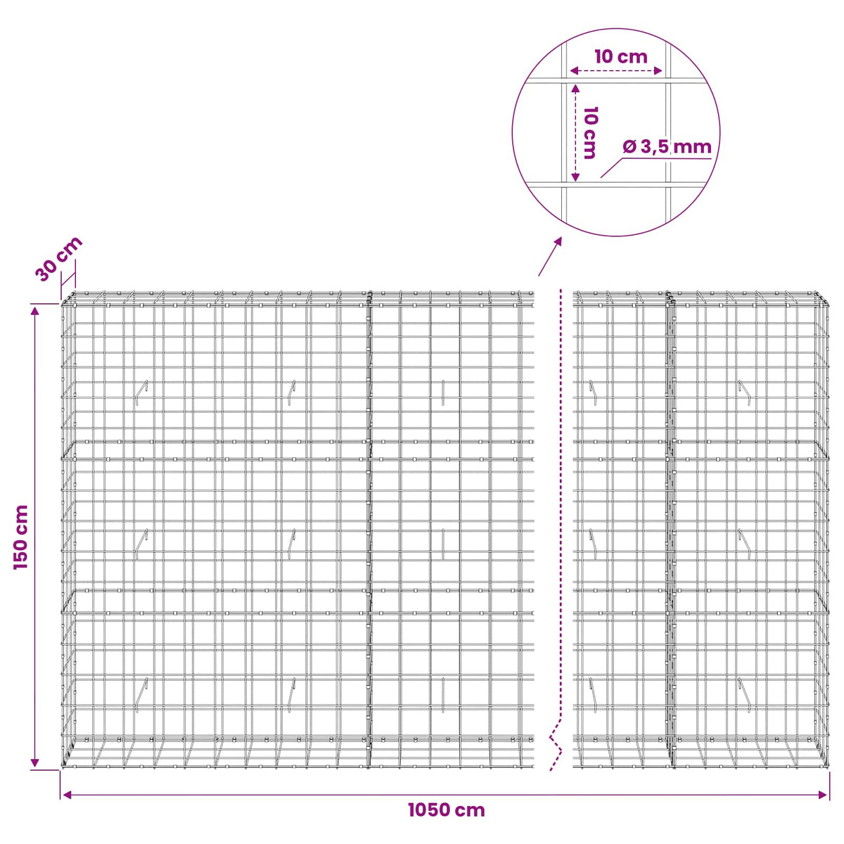 vidaXL Gabion with 3.5 mm Wire and 10x10 cm Mesh 1050x30x150 cm 6