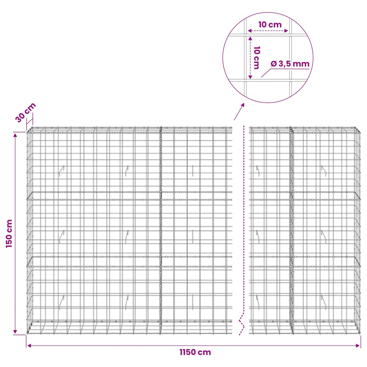 vidaXL Gabion with 3.5 mm Wire and 10x10 cm Mesh 1150x30x150 cm 6