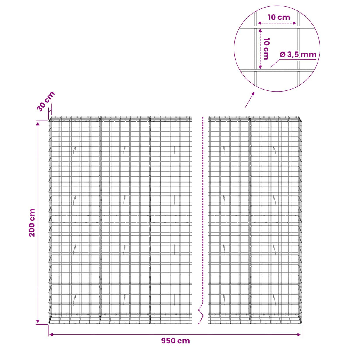 vidaXL Gabion with 3.5 mm Wire and 10x10 cm Mesh 950x30x200 cm 6