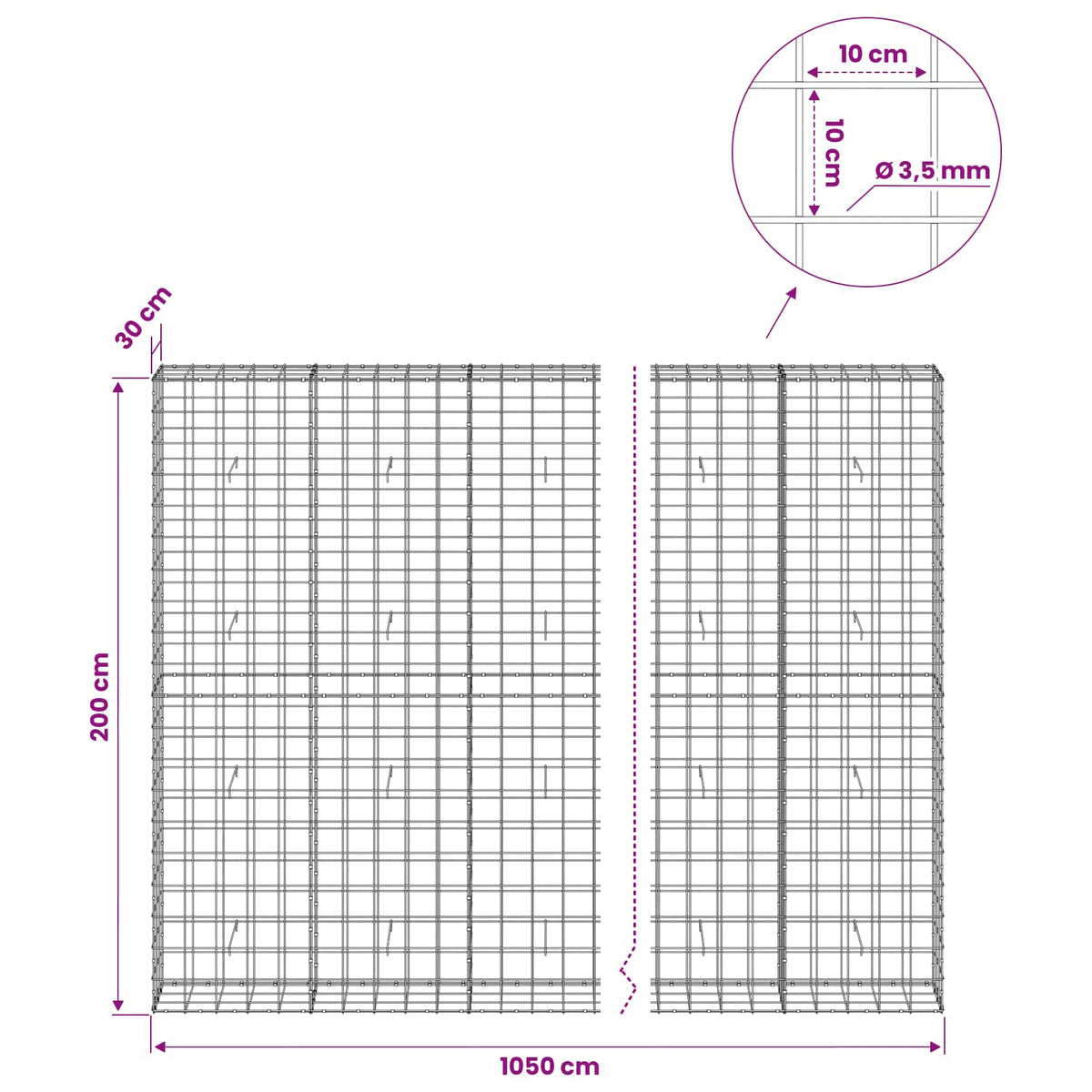 vidaXL Gabion with 3.5 mm Wire and 10x10 cm Mesh 1050x30x200 cm 6