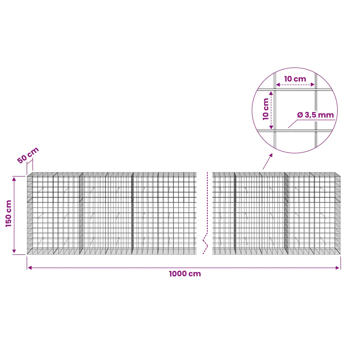 vidaXL Gabion with 3.5 mm Wire and 10x10 cm Mesh 1000x50x150 cm 5