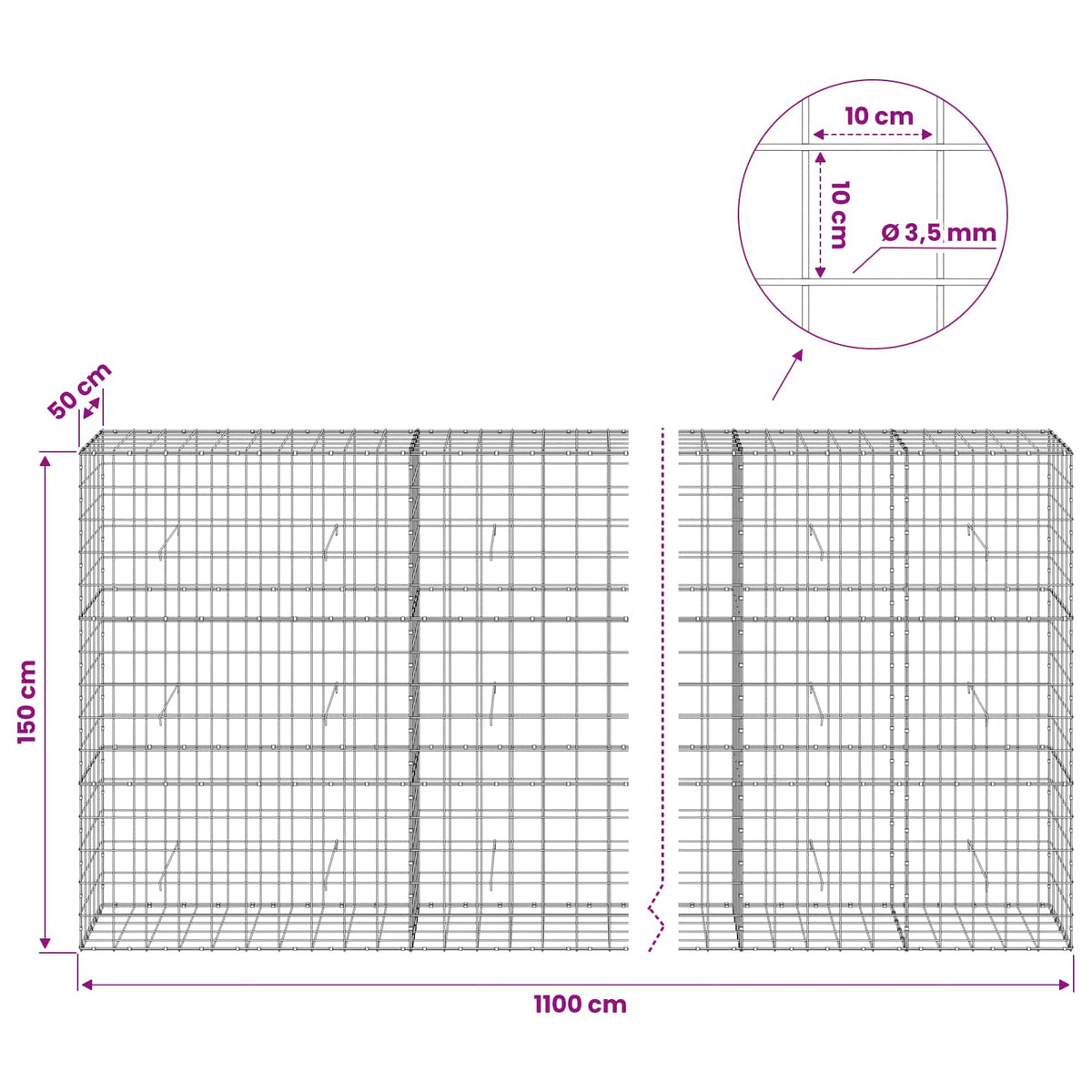vidaXL Gabion with 3.5 mm Wire and 10x10 cm Mesh 1100x50x150 cm 6