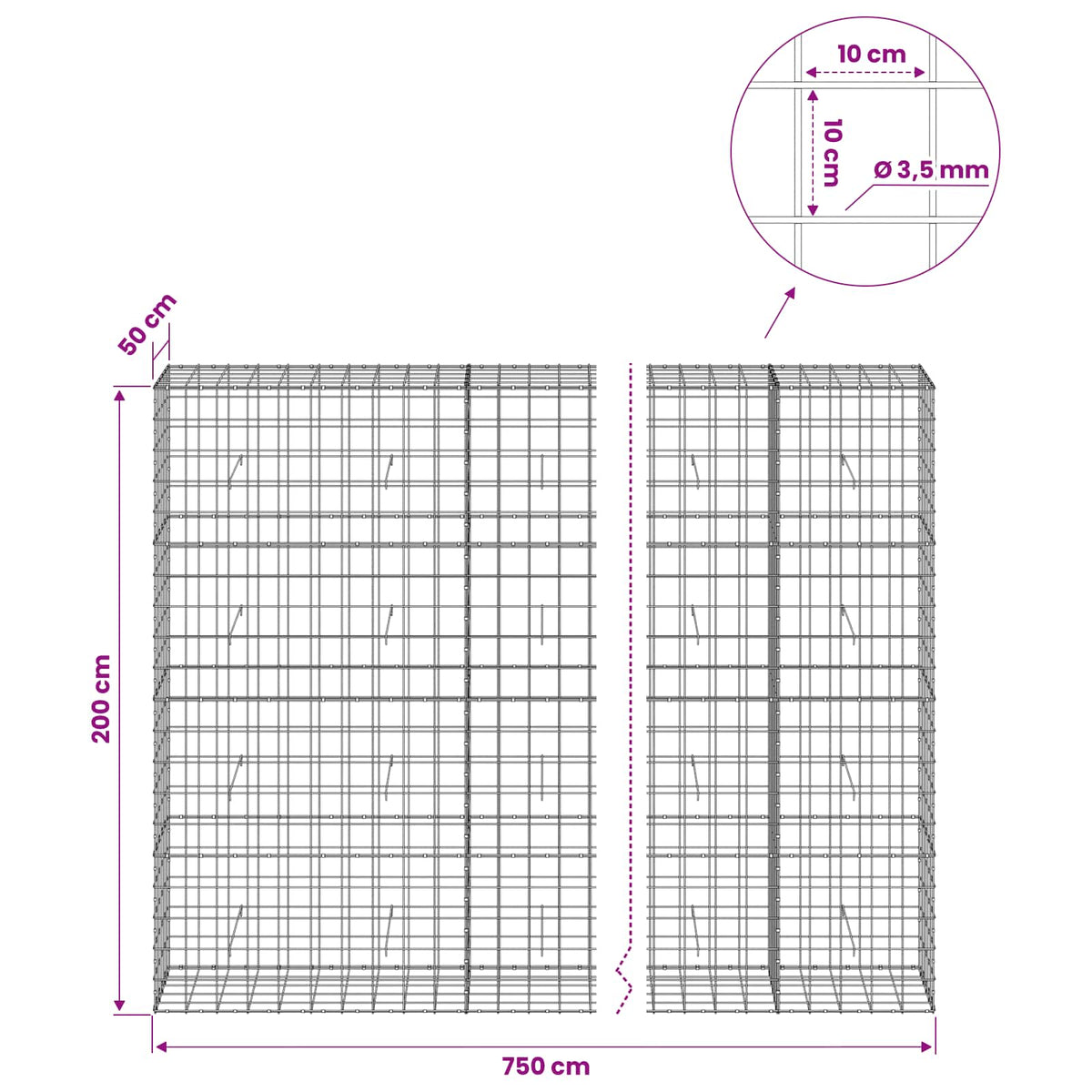 vidaXL Gabion with 3.5 mm Wire and 10x10 cm Mesh 750x50x200 cm 6