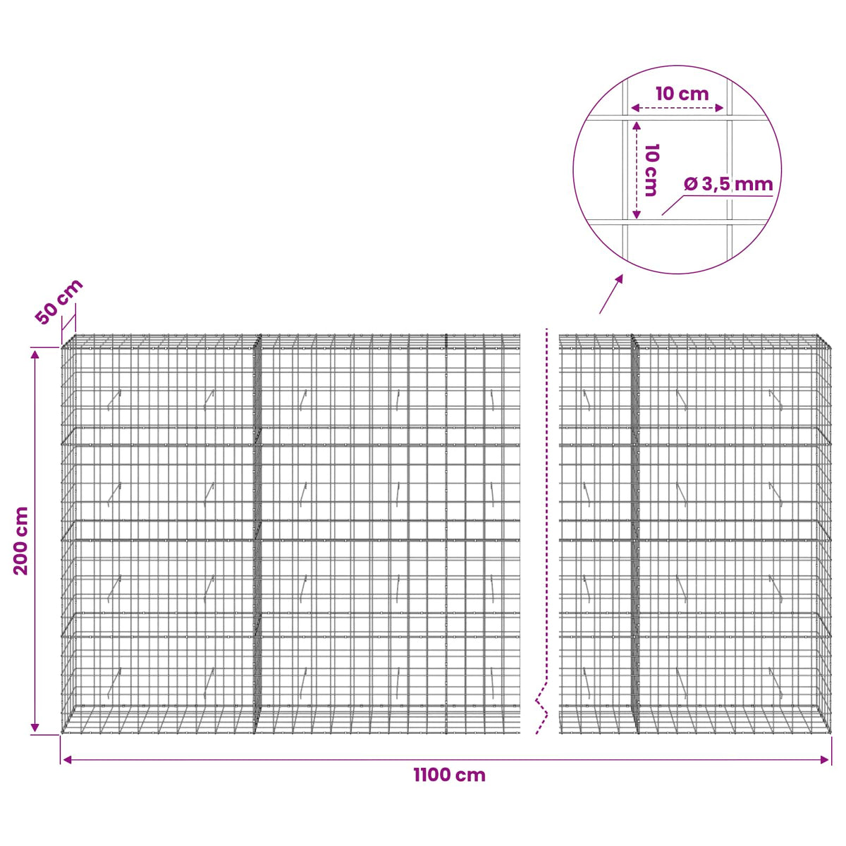 vidaXL Gabion with 3.5 mm Wire and 10x10 cm Mesh 1100x50x200 cm 6