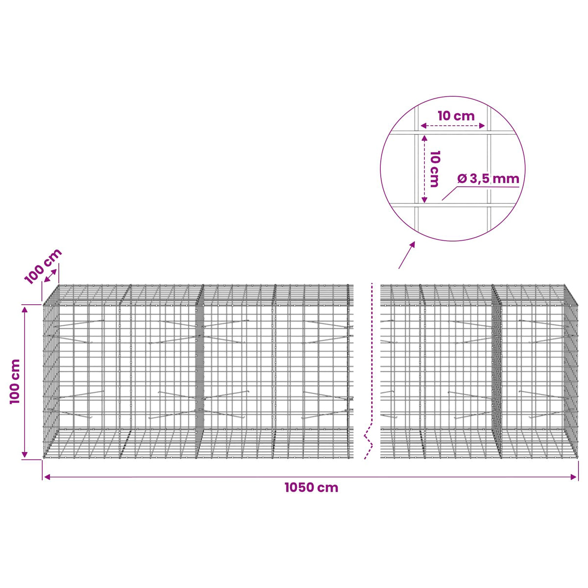 vidaXL Gabion with 3.5 mm Wire and 10x10 cm Mesh 1050x100x100 cm 6