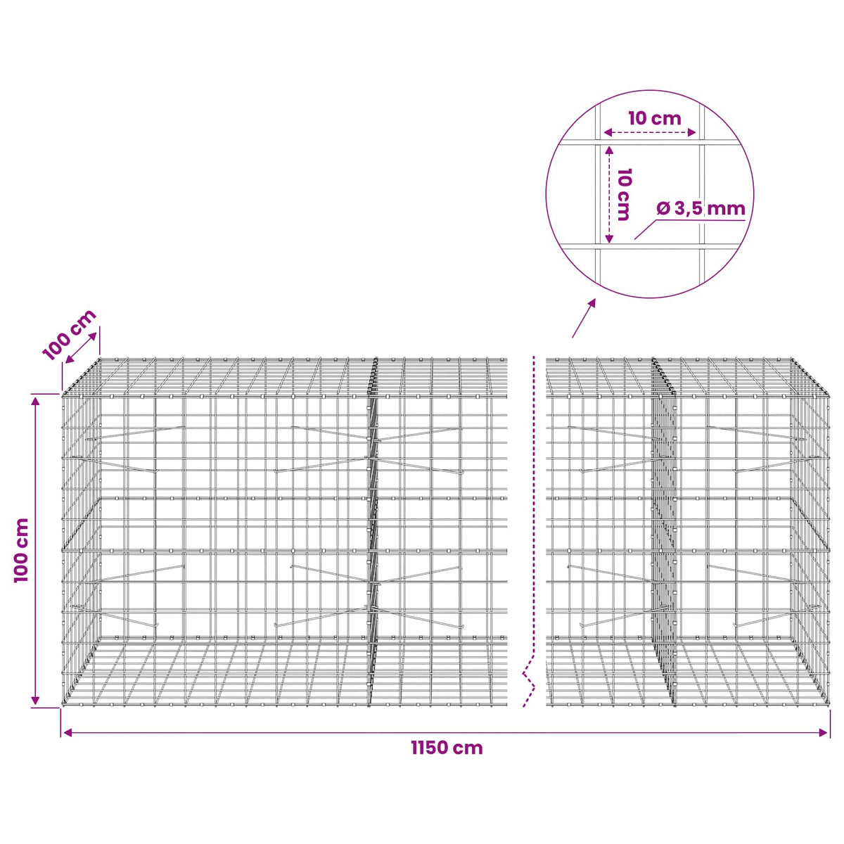 vidaXL Gabion with 3.5 mm Wire and 10x10 cm Mesh 1150x100x100 cm 6