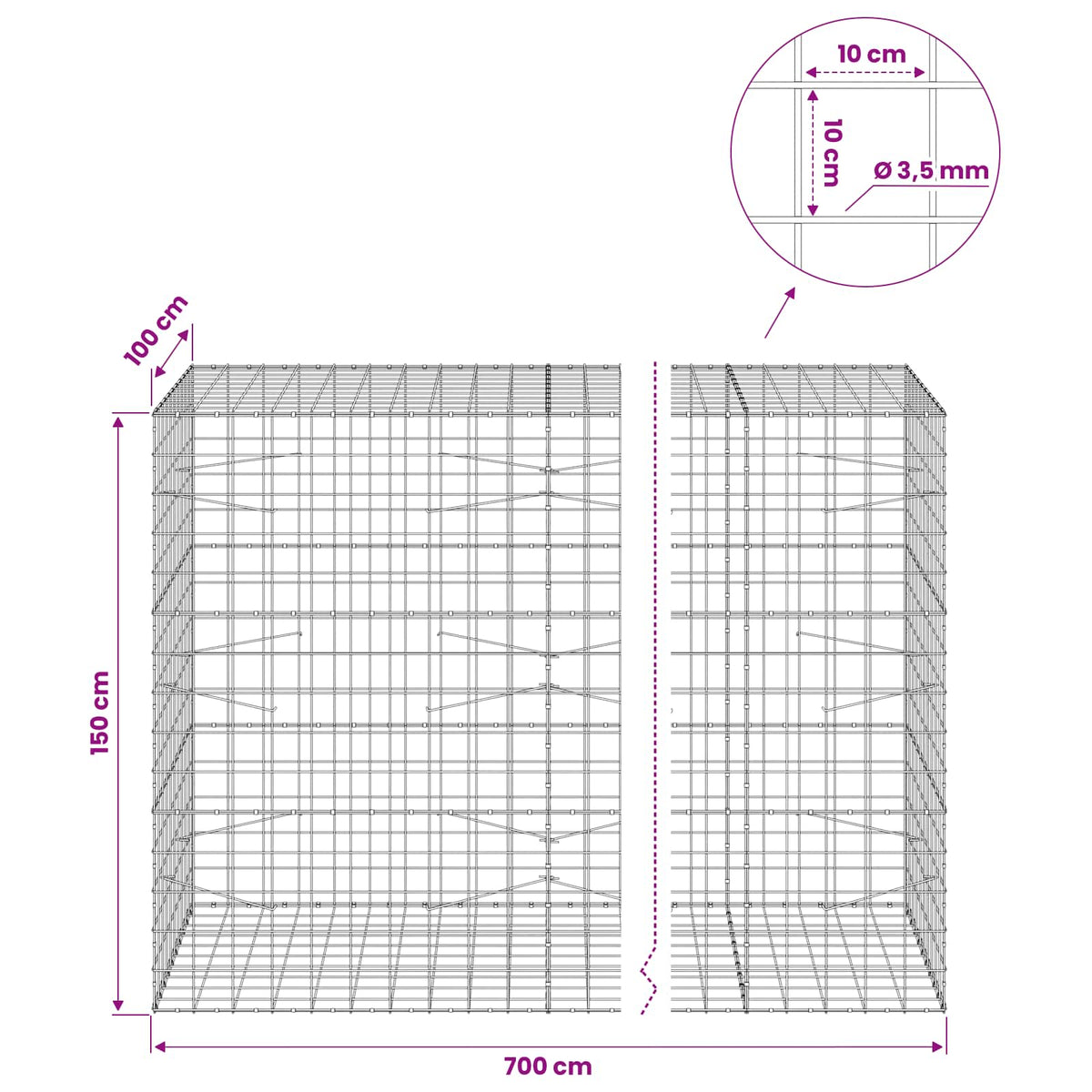 vidaXL Gabion with 3.5 mm Wire and 10x10 cm Mesh 700x100x150 cm 6