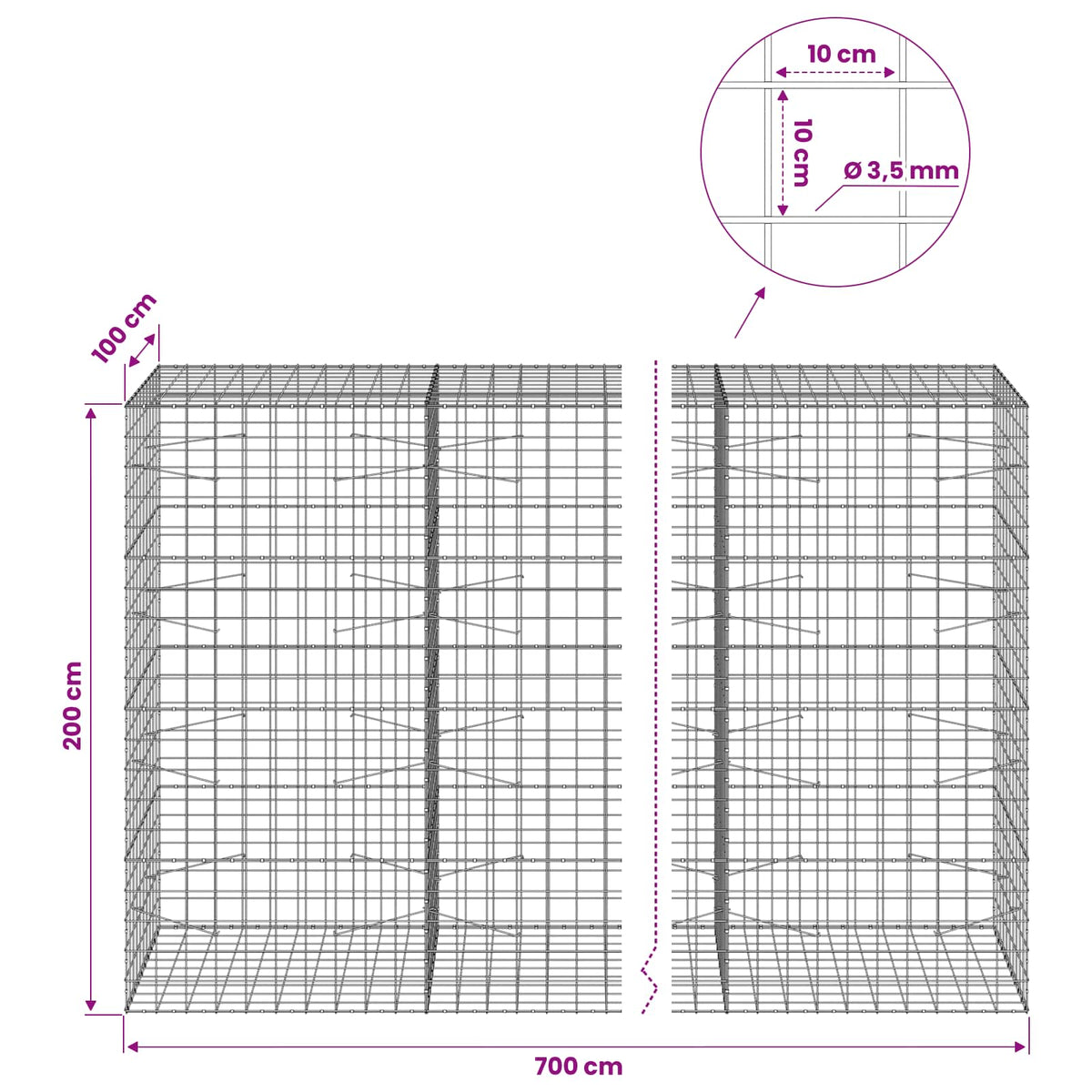 vidaXL Gabion with 3.5 mm Wire and 10x10 cm Mesh 700x100x200 cm 6