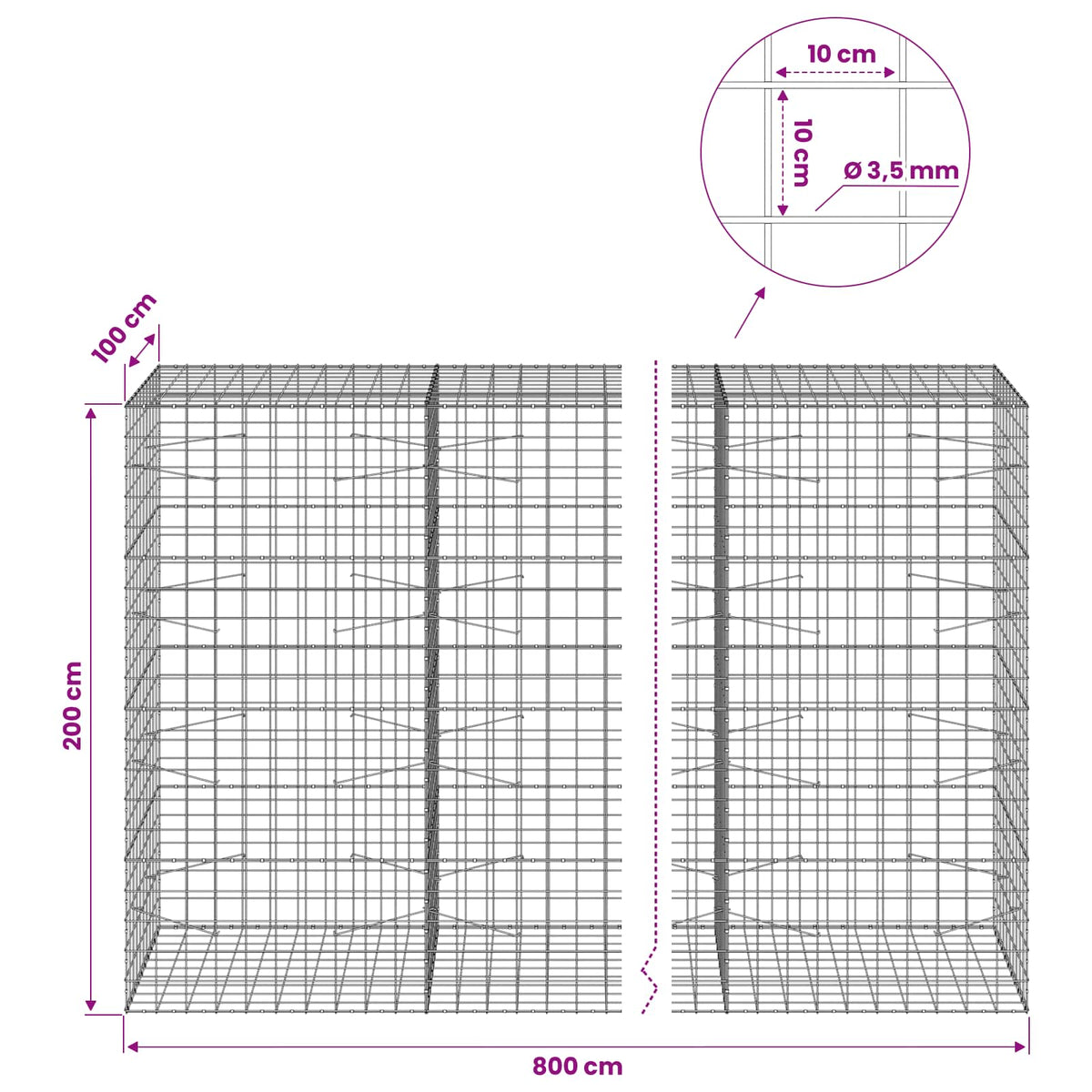 vidaXL Gabion with 3.5 mm Wire and 10x10 cm Mesh 800x100x200 cm 6