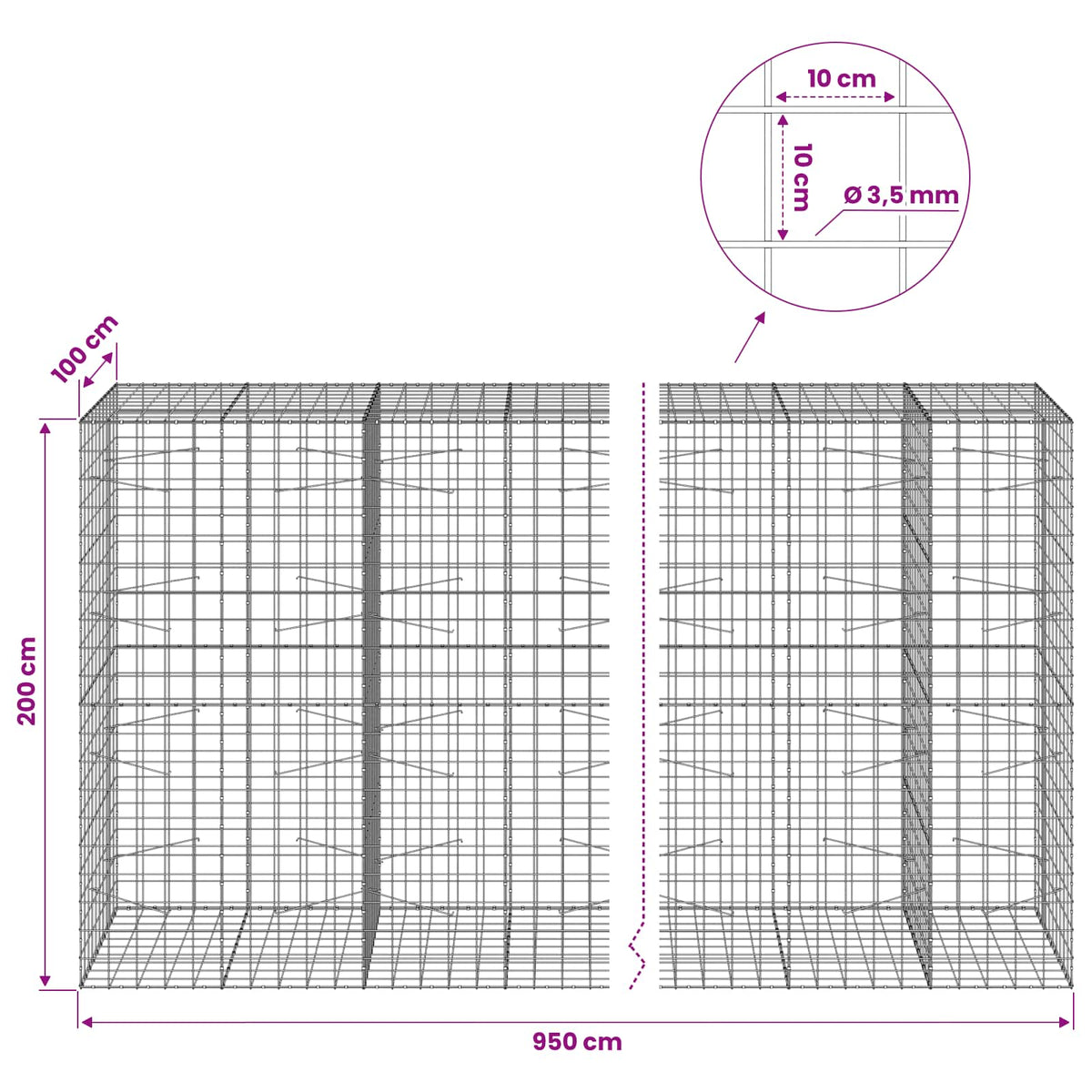 vidaXL Gabion with 3.5 mm Wire and 10x10 cm Mesh 950x100x200 cm 6