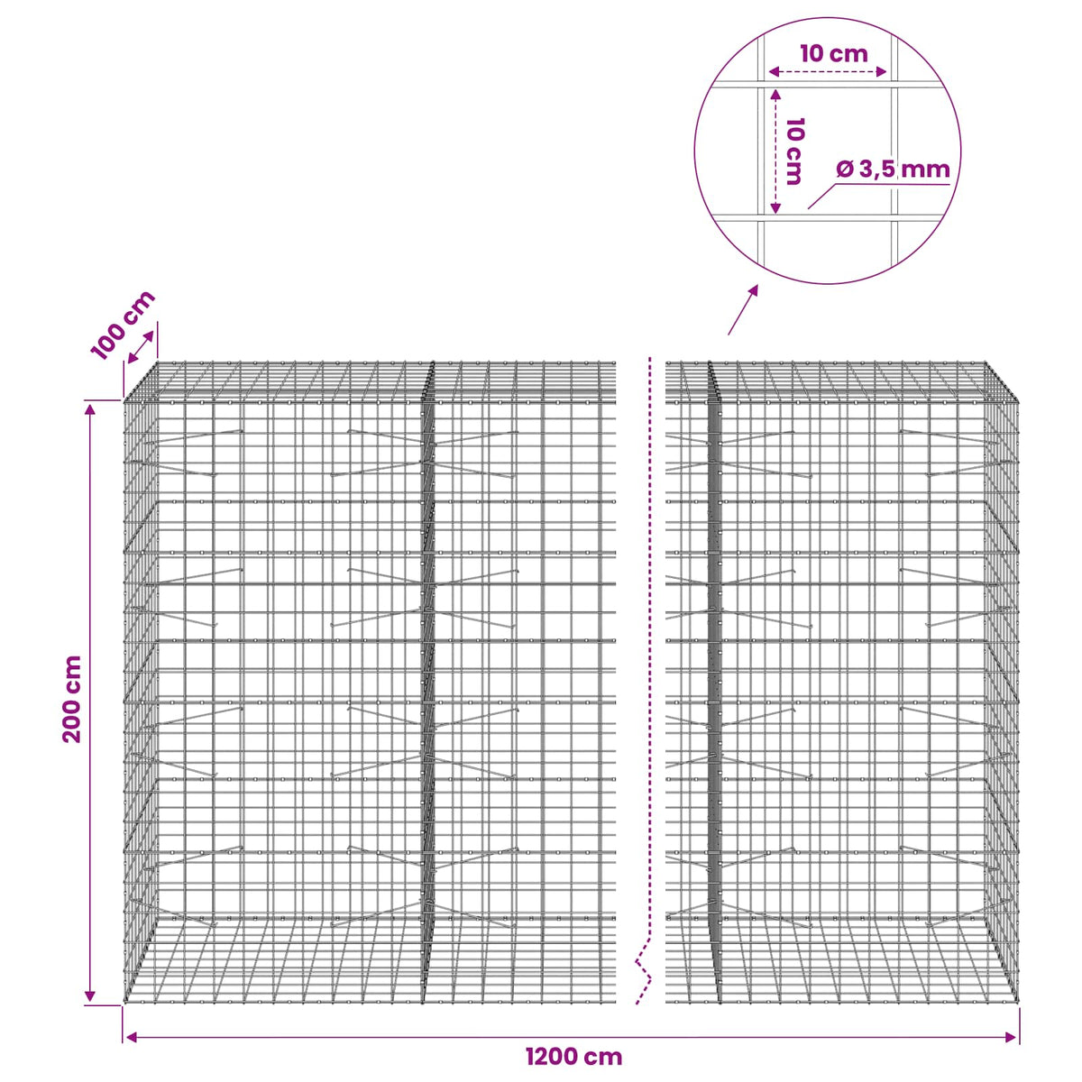 vidaXL Gabion with 3.5 mm Wire and 10x10 cm Mesh 1200x100x200 cm 6