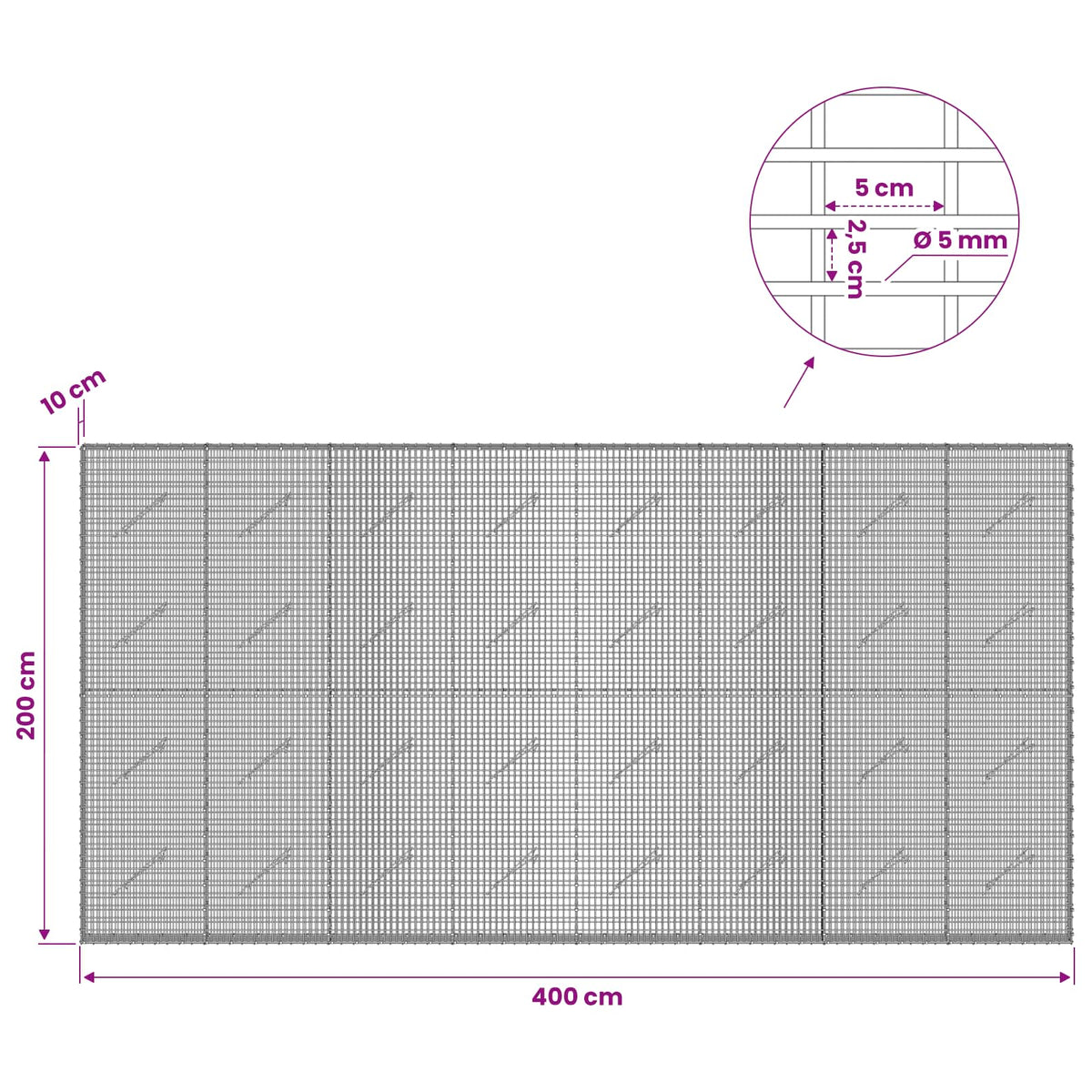 vidaXL Gabion with 5 mm Wire and 5x2.5 cm Mesh 400x10x200 cm 6