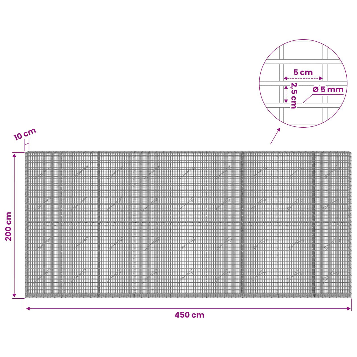 vidaXL Gabion with 5 mm Wire and 5x2.5 cm Mesh 450x10x200 cm 6