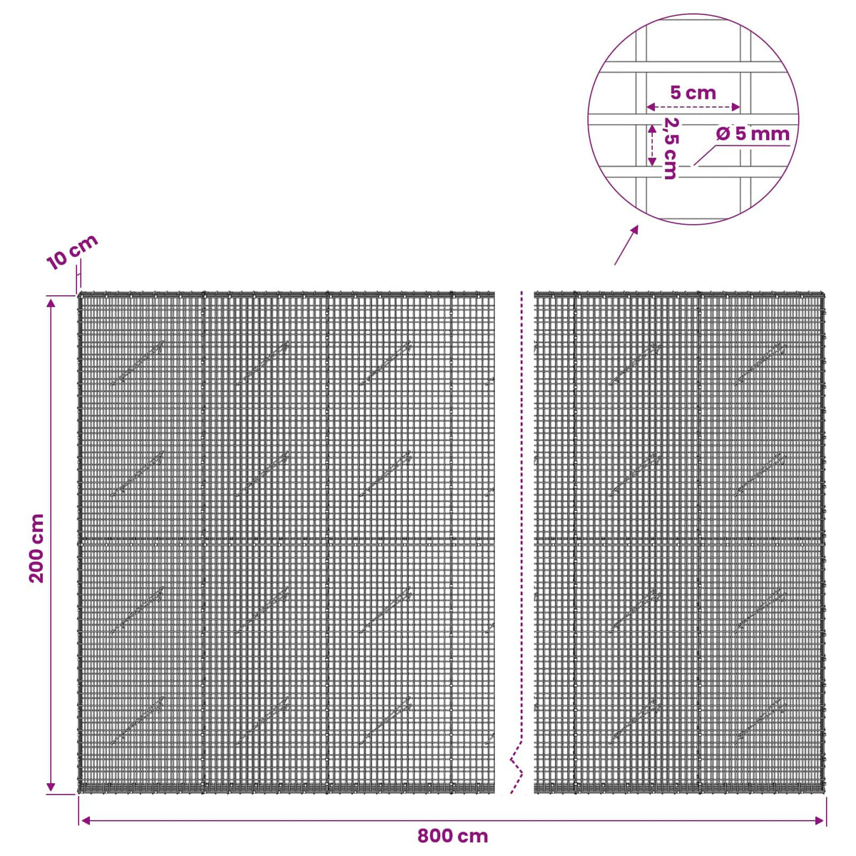 vidaXL Gabion with 5 mm Wire and 5x2.5 cm Mesh 800x10x200 cm 6