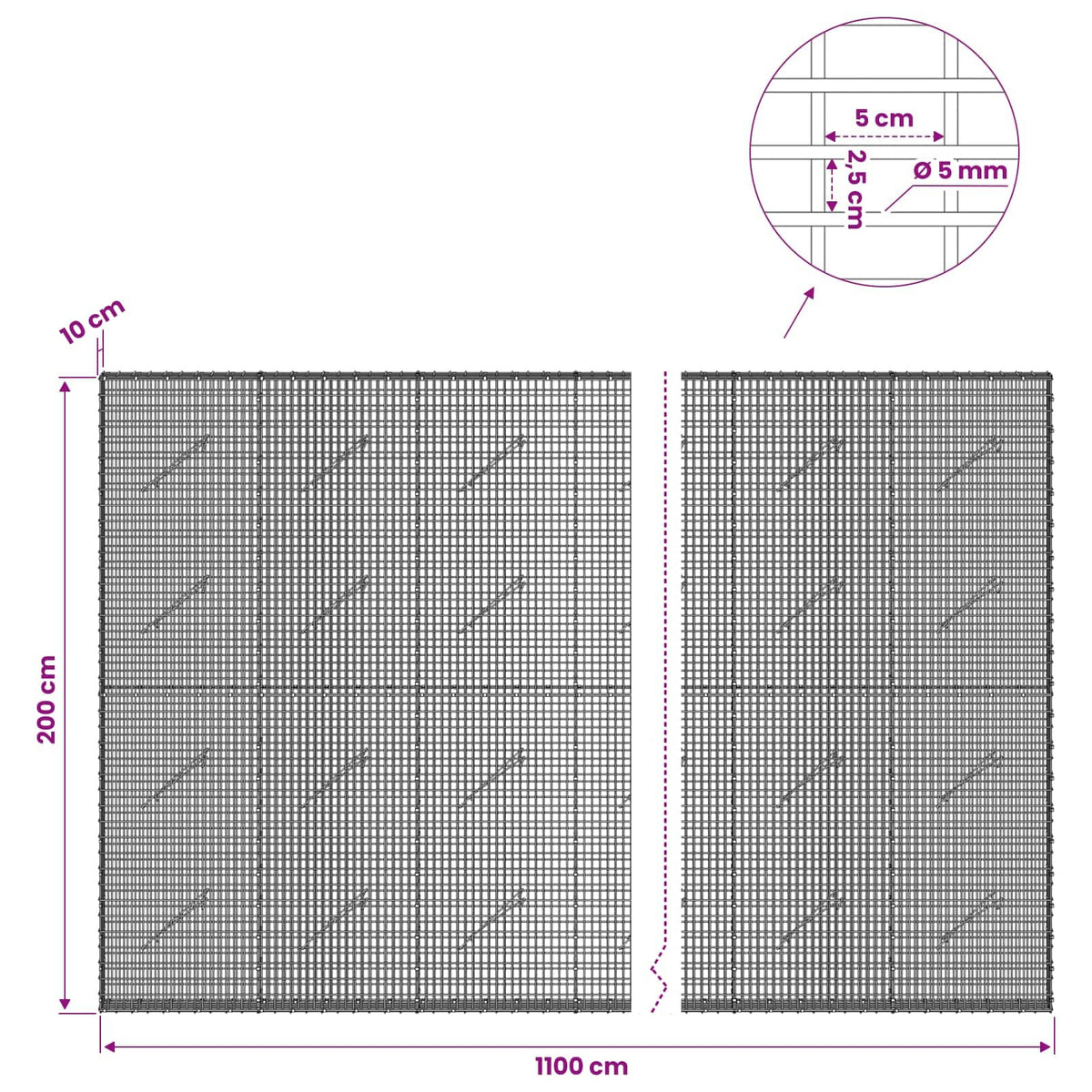 vidaXL Gabion with 5 mm Wire and 5x2.5 cm Mesh 1100x10x200 cm 6