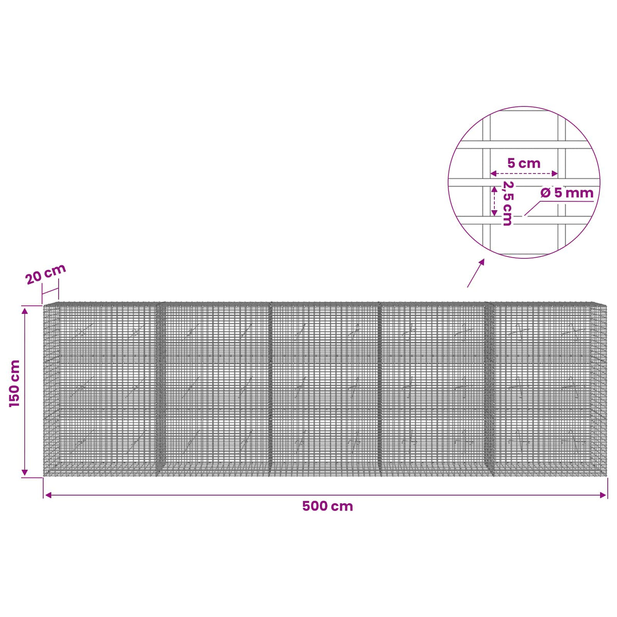 vidaXL Gabion with 5 mm Wire and 5x2.5 cm Mesh 500x20x150 cm 6