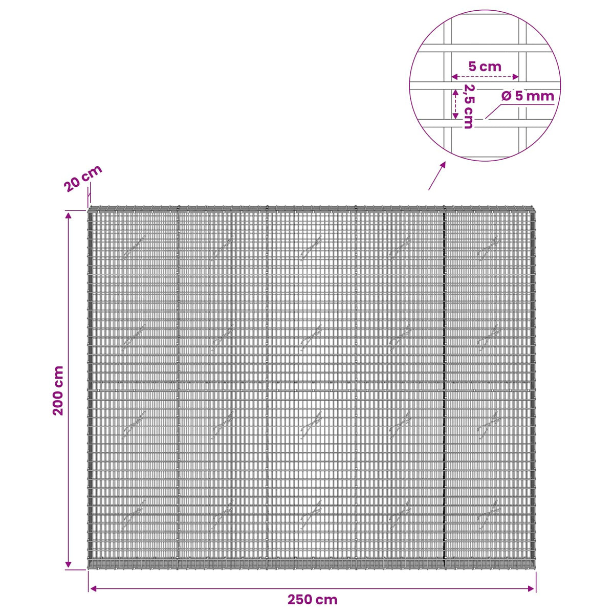 vidaXL Gabion with 5 mm Wire and 5x2.5 cm Mesh 250x20x200 cm 6