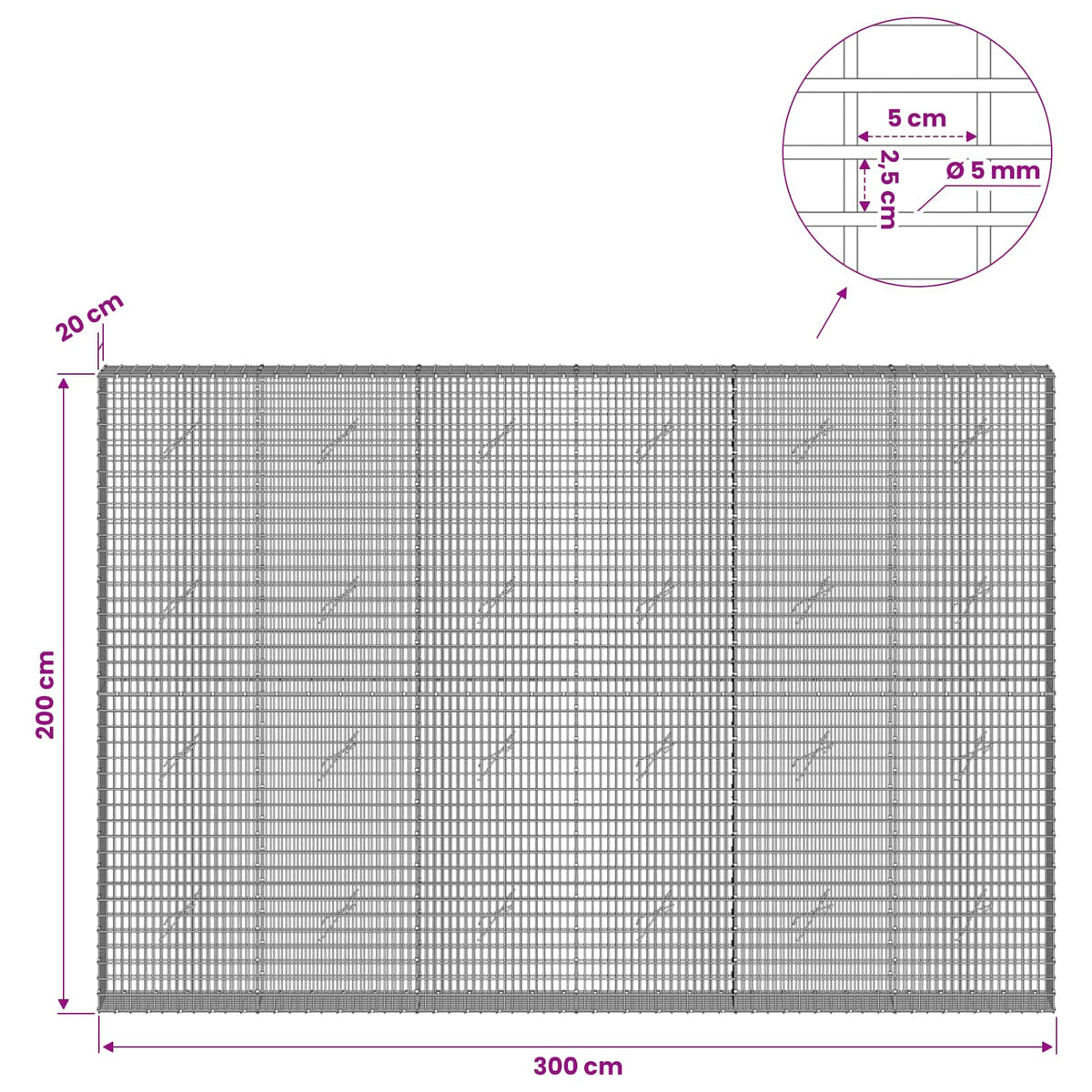 vidaXL Gabion with 5 mm Wire and 5x2.5 cm Mesh 300x20x200 cm 6