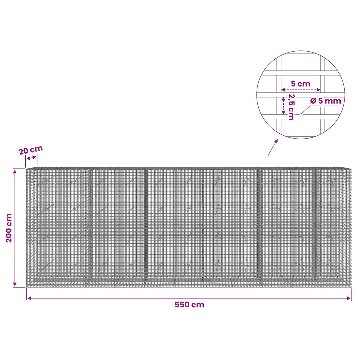vidaXL Gabion with 5 mm Wire and 5x2.5 cm Mesh 550x20x200 cm 6