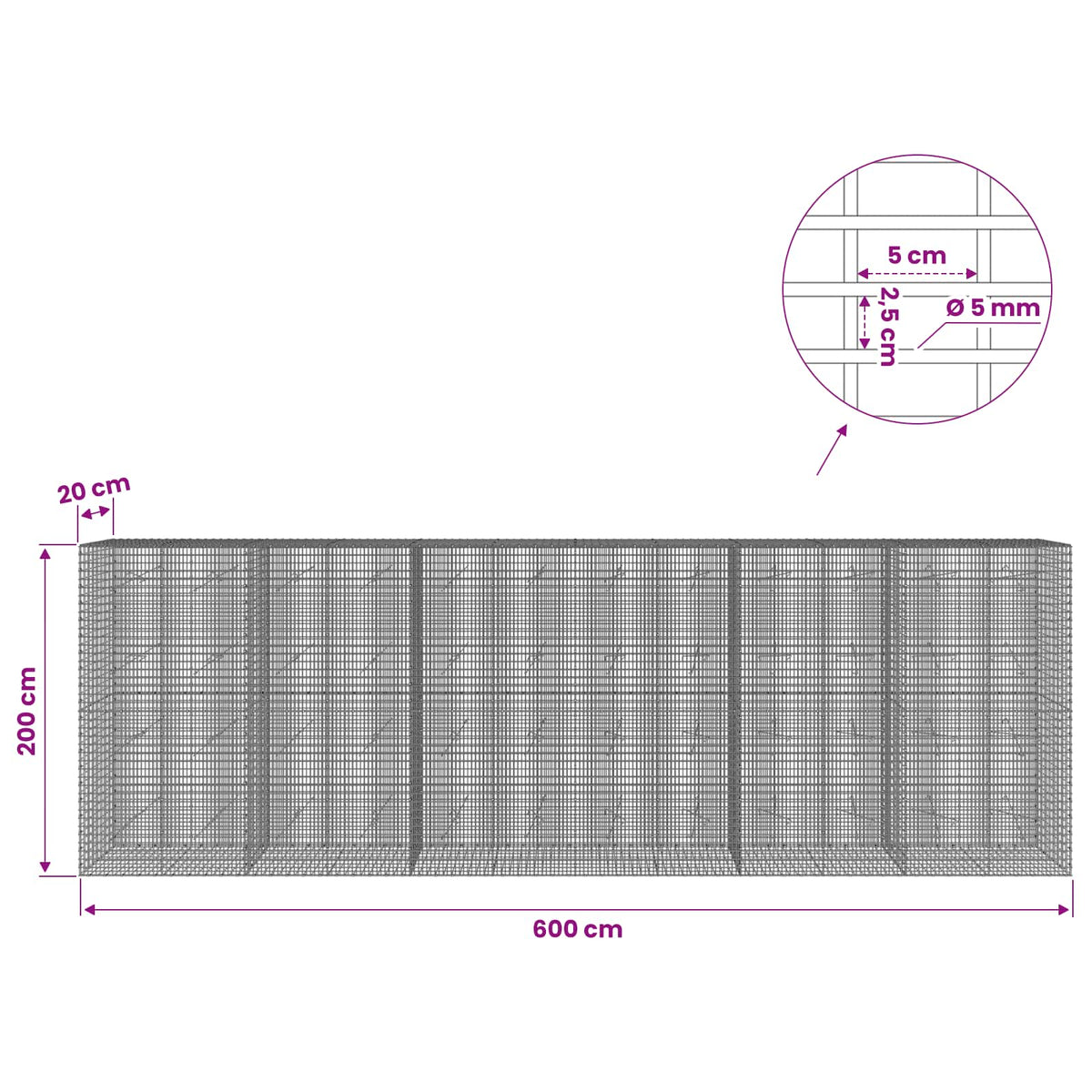 vidaXL Gabion with 5 mm Wire and 5x2.5 cm Mesh 600x20x200 cm 6