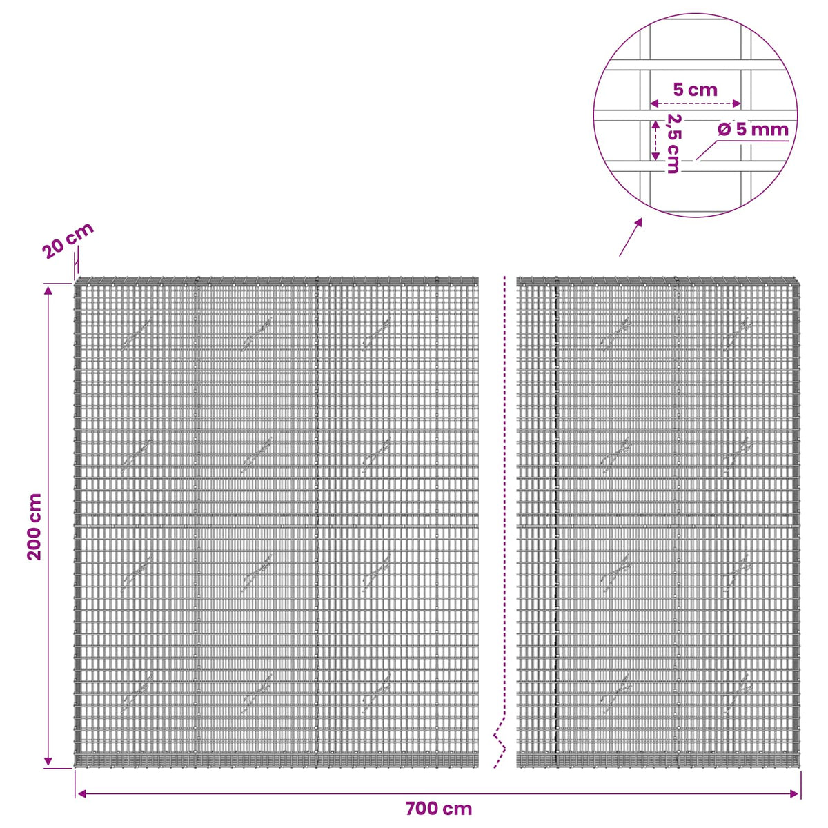 vidaXL Gabion with 5 mm Wire and 5x2.5 cm Mesh 700x20x200 cm 6