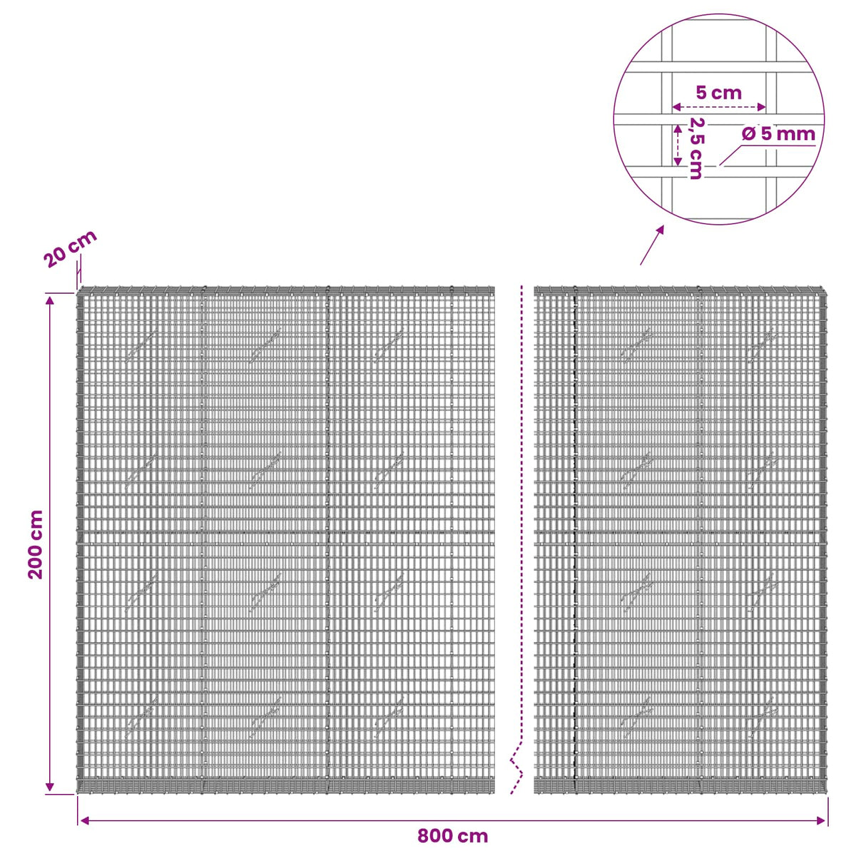 vidaXL Gabion with 5 mm Wire and 5x2.5 cm Mesh 800x20x200 cm 6