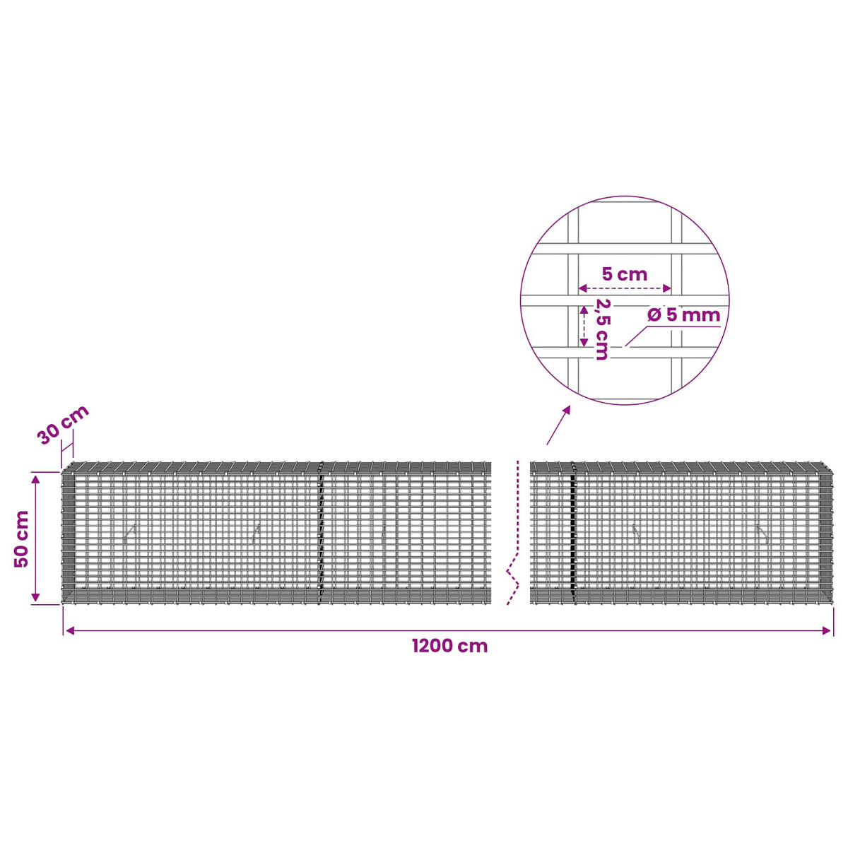 vidaXL Gabion with 5 mm Wire and 5x2.5 cm Mesh 1200x30x50 cm 6