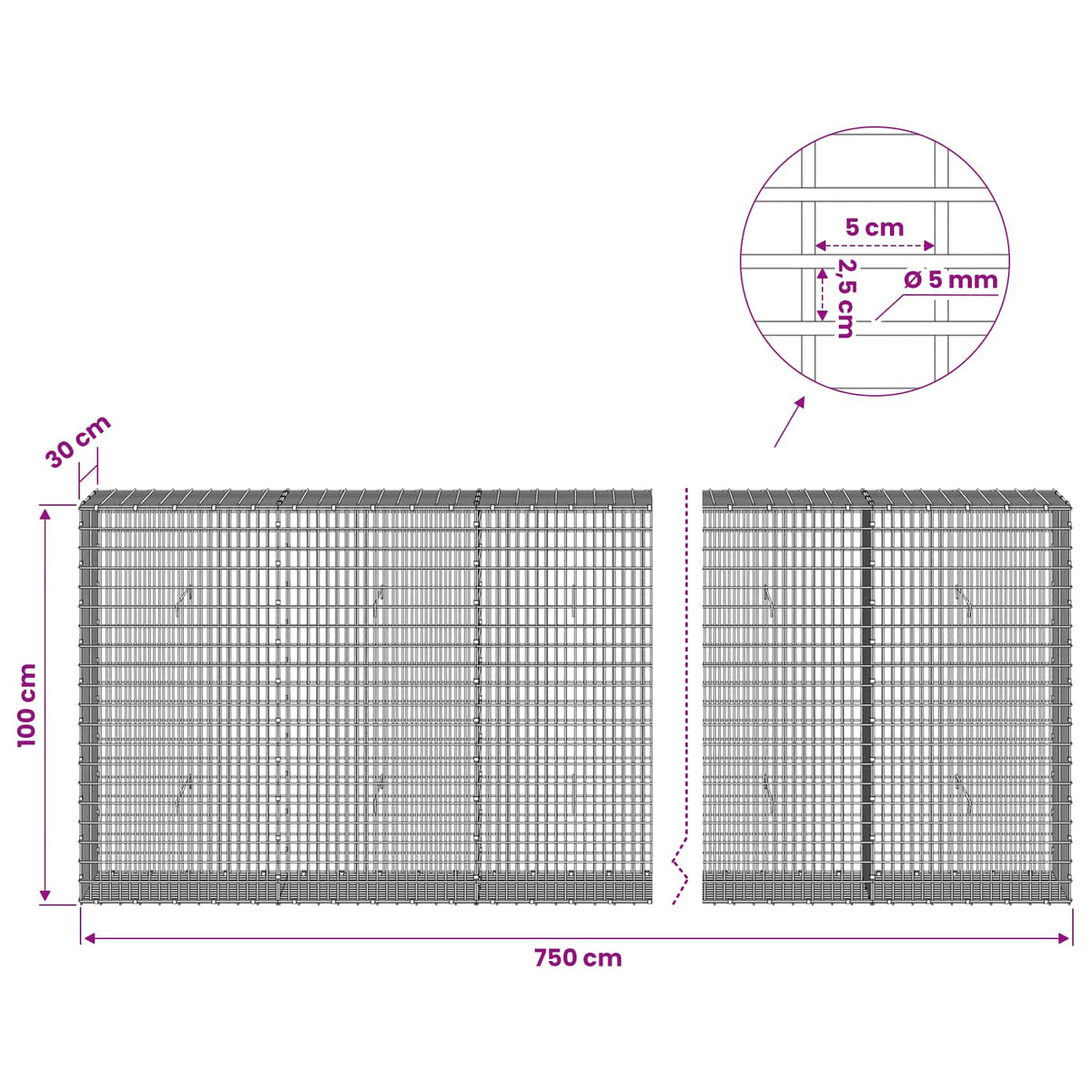 vidaXL Gabion with 5 mm Wire and 5x2.5 cm Mesh 750x30x100 cm 6