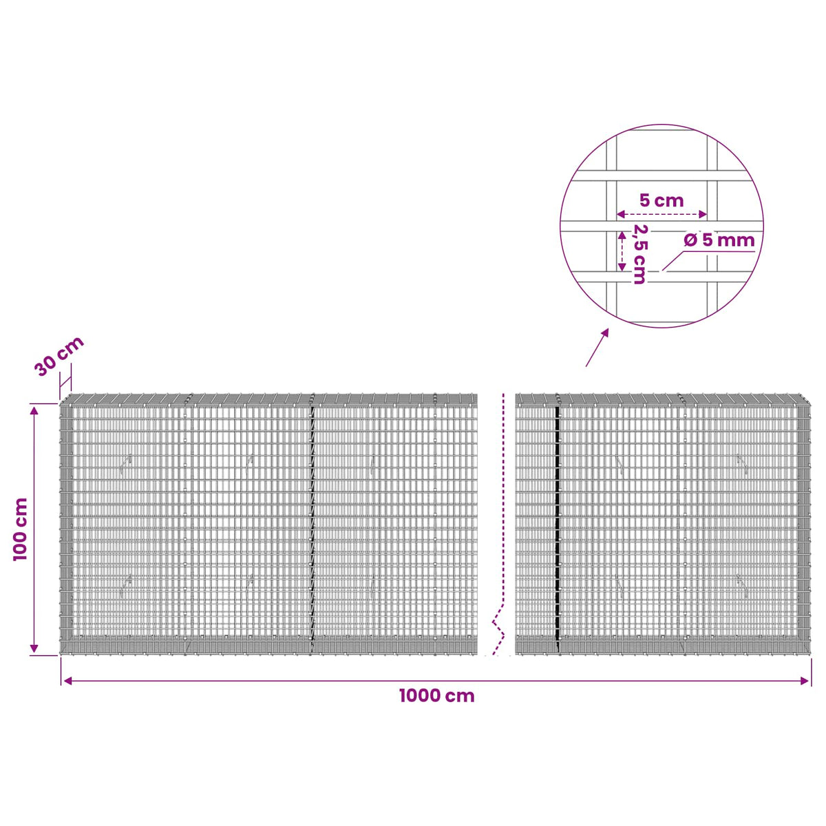 vidaXL Gabion with 5 mm Wire and 5x2.5 cm Mesh 1000x30x100 cm 6