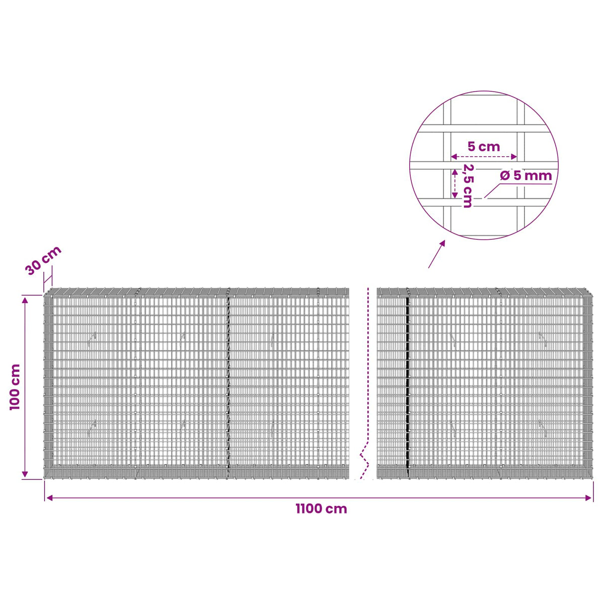 vidaXL Gabion with 5 mm Wire and 5x2.5 cm Mesh 1100x30x100 cm 6