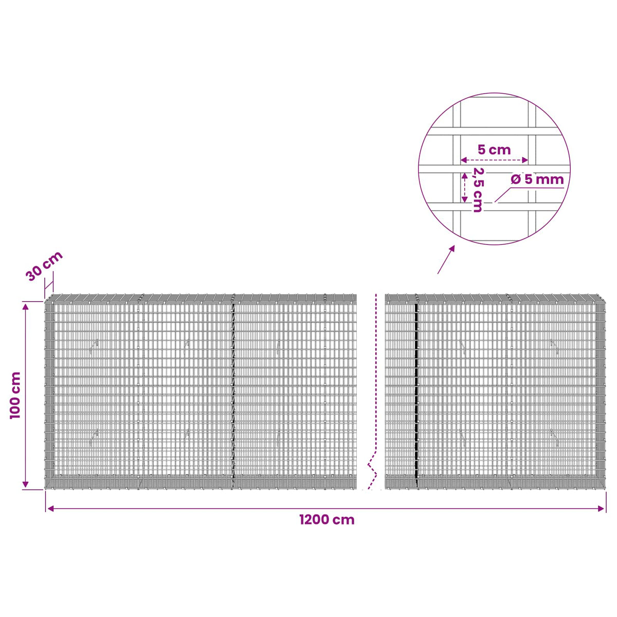 vidaXL Gabion with 5 mm Wire and 5x2.5 cm Mesh 1200x30x100 cm 6