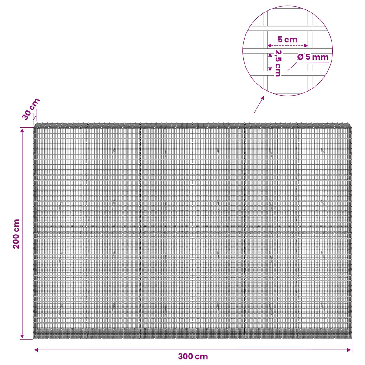 vidaXL Gabion with 5 mm Wire and 5x2.5 cm Mesh 300x30x200 cm 6