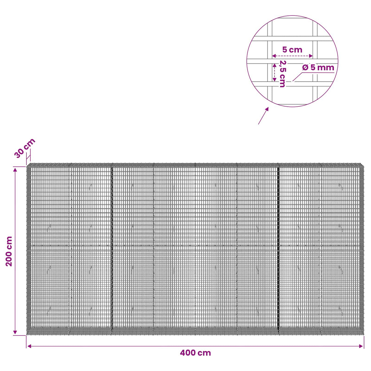 vidaXL Gabion with 5 mm Wire and 5x2.5 cm Mesh 400x30x200 cm 6