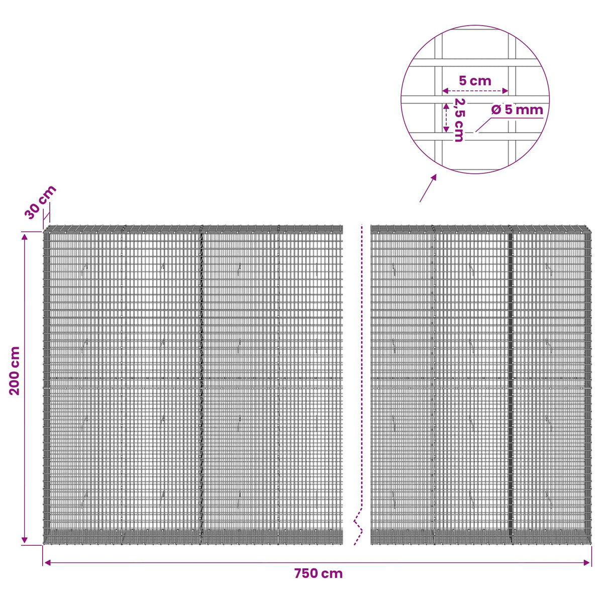vidaXL Gabion with 5 mm Wire and 5x2.5 cm Mesh 750x30x200 cm 6