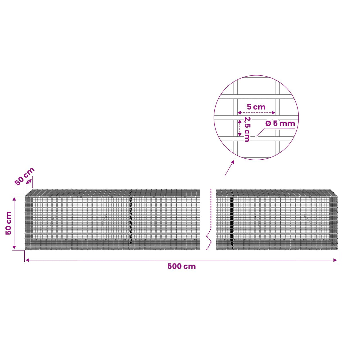 vidaXL Gabion with 5 mm Wire and 5x2.5 cm Mesh 500x50x50 cm 6