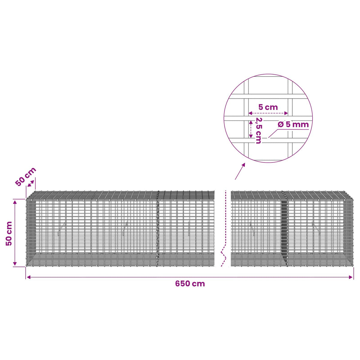 vidaXL Gabion with 5 mm Wire and 5x2.5 cm Mesh 650x50x50 cm 6