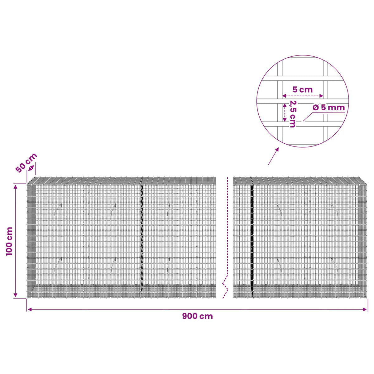 vidaXL Gabion with 5 mm Wire and 5x2.5 cm Mesh 900x50x100 cm 6