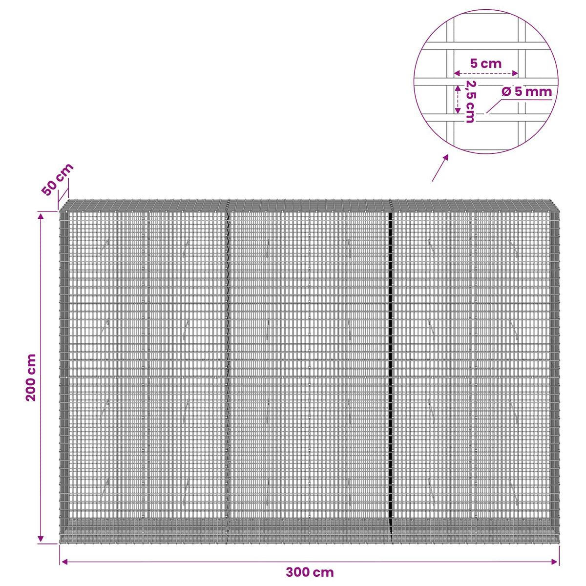 vidaXL Gabion with 5 mm Wire and 5x2.5 cm Mesh 300x50x200 cm 6