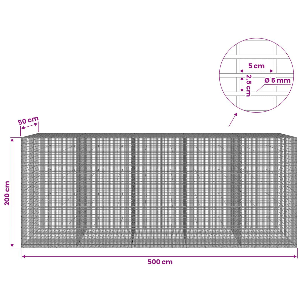 vidaXL Gabion with 5 mm Wire and 5x2.5 cm Mesh 500x50x200 cm 6